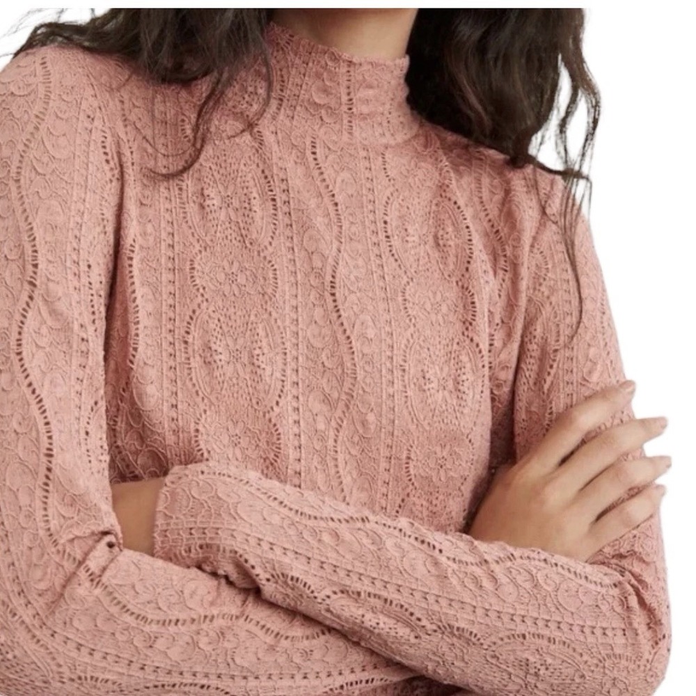 Anthropologie Daily Practice Linden Lace Pink Mock Neck Top Women Size XS Layer